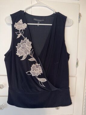 White House Black Market Black Sleeveless Wrap Camisole with Ivory Floral Lace